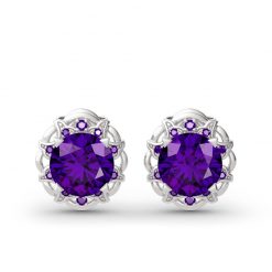 Jeulia Amethyst Flower Round Cut Sterling Silver Stud Earrings