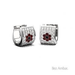 Five Row Diamond and Ruby Flower Hug Earrings