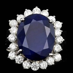 14K WHITE GOLD 11.00CT SAPPHIRE 1.50CT DIAMOND RING