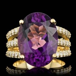 14K YELLOW GOLD 12.00CT AMETHYST 0.50CT DIAMOND RING