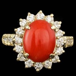 14K YELLOW GOLD 3.50CT CORAL 1.15CT DIAMOND RING