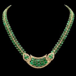 14K YELLOW GOLD 40.00CT EMERALD 5.00CT DIAMOND NECKLACE