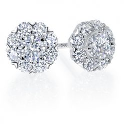Modern diamond halo earrings with arrow-shaped claws