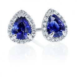 Pretty pear shaped sapphire and diamond halo studs
