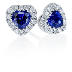 Romantic heart shaped sapphire and diamond halo studs