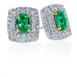 Rectangular cushion double halo diamond and emerald earrings