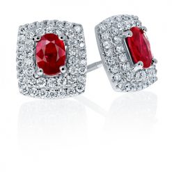 Rectangular cushion double halo diamond and ruby earrings