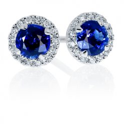 Pretty royal blue sapphire and diamond halo studs