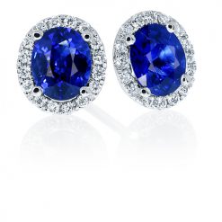 Glamorous oval royal blue sapphire and diamond halo studs