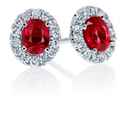 Glamorous oval ruby and diamond halo studs