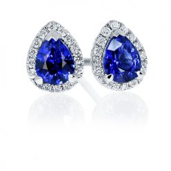 Tiny pear shaped sapphire and diamond halo studs