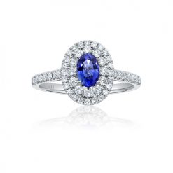 Petite oval double halo sapphire ring