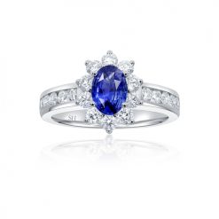 Classic sapphire halo ring with channel set band