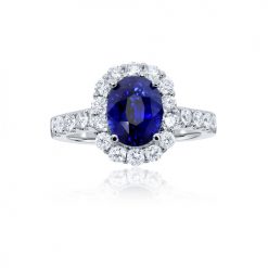 Soft floral halo sapphire diamond ring