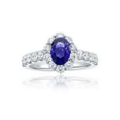 Bright halo sapphire ring