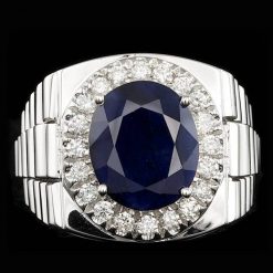 14K WHITE GOLD 6.00CT SAPPHIRE 0.70CT DIAMOND MENS RING
