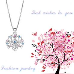Tree Of Life 925 Sterling Silver Pink & Aquamarine Necklace