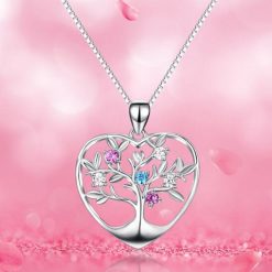 Tree Of Life 925 Sterling Silver Pink & Aquamarine Zircon Necklace