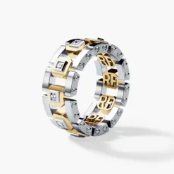 LA PAZ Mens Two-Tone Gold Wedding Band with Princess Cut Diamonds