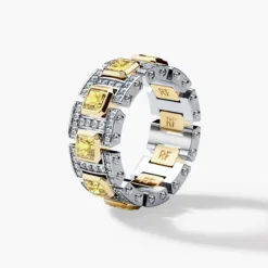 LA PAZ Mens Two-Tone Gold Wedding Band with Yellow Diamonds