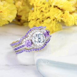 Round Cut White Sapphire Amethyst 925 Sterling Silver 3-Piece Bridal Sets