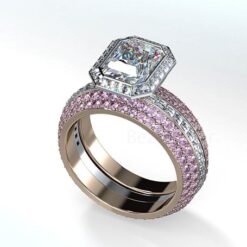 Blaze Framed Radiant Cut Diamond Engagement Ring with Pink Sapphire Bands
