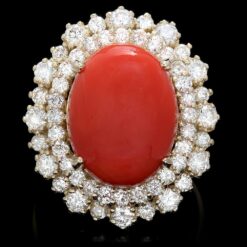 14K YELLOW GOLD 8.50CT CORAL 1.90CT DIAMOND RING