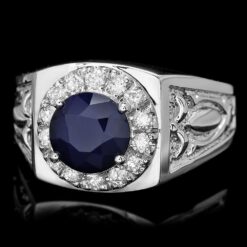 14K WHITE GOLD 2.5CT SAPPHIRE .60CT DIAMOND MENS RING