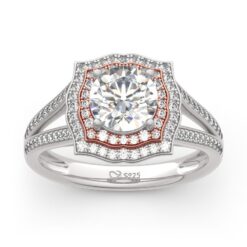 Jeulia Two Tone Halo Round Cut Sterling Silver Ring