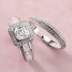 Asscher Cut White Sapphire 925 Sterling Silver Halo Bridal Sets