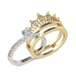 Jeulia Two Tone Crown Round Cut Sterling Silver Ring set