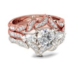 Jeulia Three Stone Leaf Design Round Cut Sterling Silver Ring Set