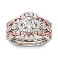 Jeulia Two Tone Halo Round Cut Sterling Silver Ring Set