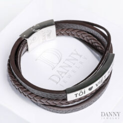 Lắc tay Da mặt và khóa bạc, khắc chữ Tôi Yêu Việt Nam HK0G0001